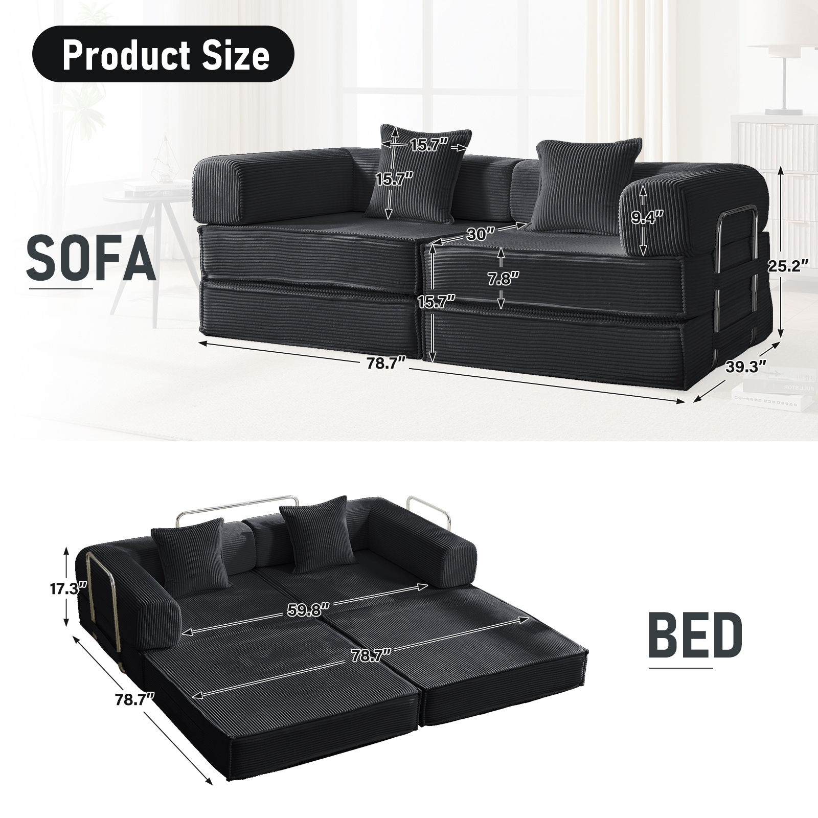 Convertible Sleeper Sofa Bed Modular Corduroy Couch With Pillows_voghion.com